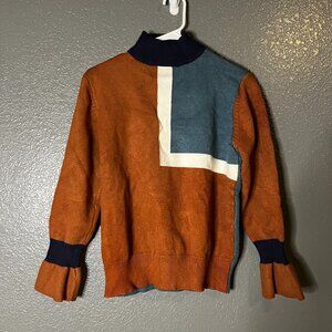 Colorblock Turtleneck Sweater Women’s Rust Blue White Long Sleeve Ruffle Cuff